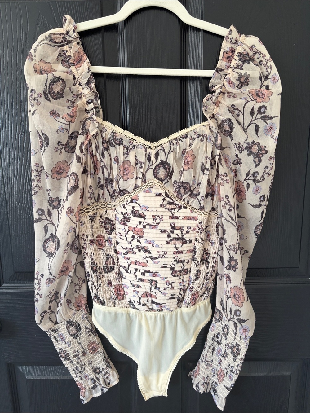 Free People Cream Floral Puff-Sleeve Smocked Bodysuit